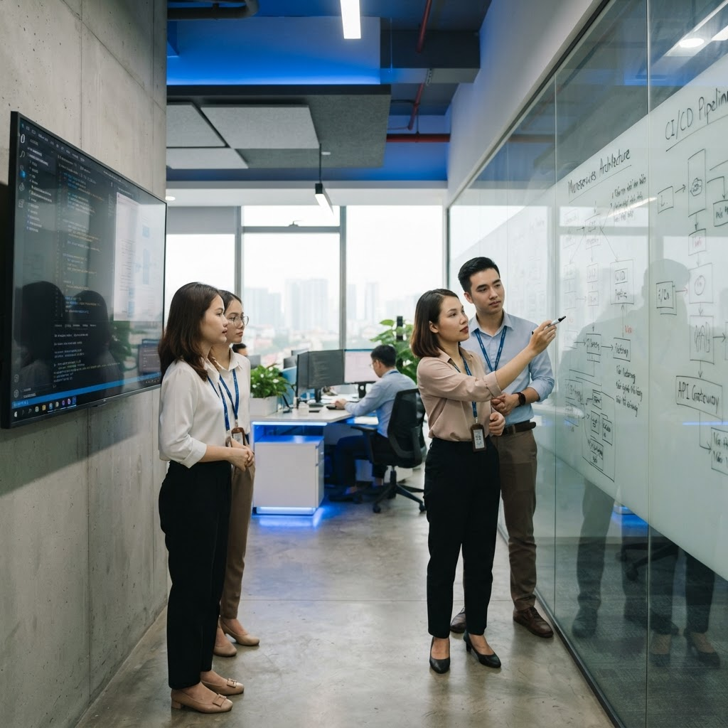 Đội ngũ kỹ sư LakyLabs làm việc trong văn phòng hiện đại